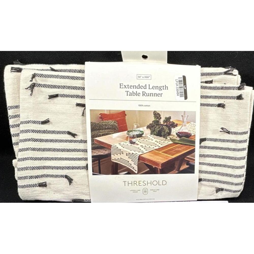 Threshold Striped Table Runner 14 x 108 in Beige Black 100%